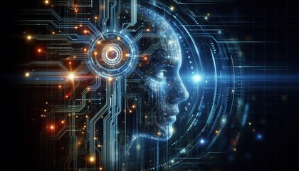 Futuristic human face with digital circuits on high-tech background.