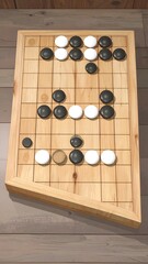 A strategic  of Go is played on a light-brown wooden board, with black and white stones positioned in a complex arrangement.