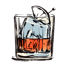 Stylized illustration of a classic cocktail on the rocks with a citrus garnish. Hand-drawn sketch of a Negroni or Old Fashioned in a glass.