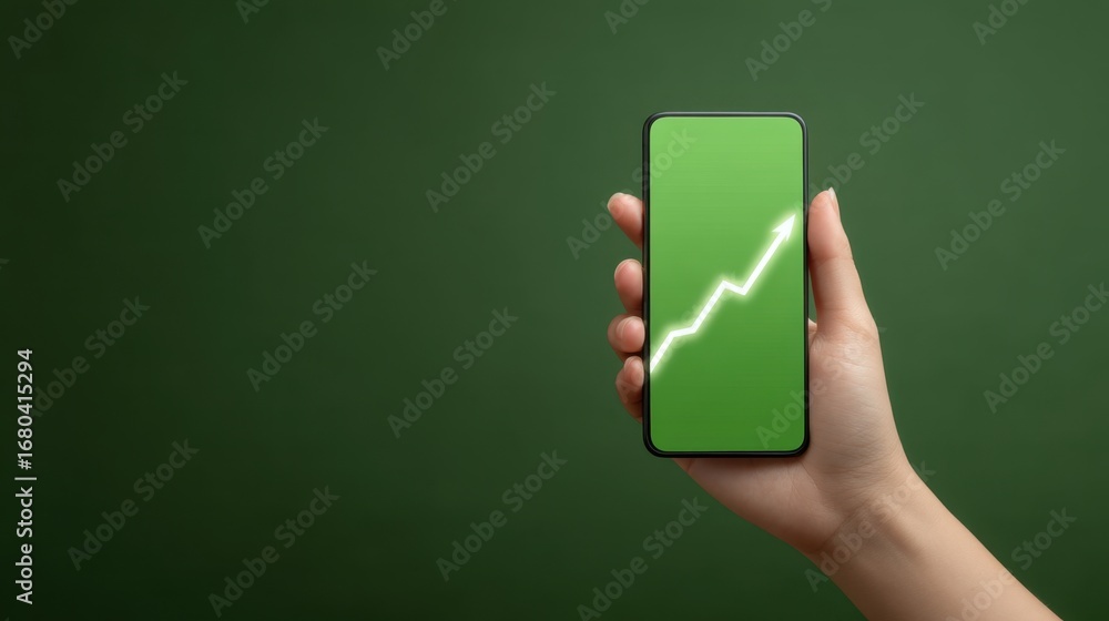 Poster hand holding smartphone with green screen and upward trend graph on simple background for business a