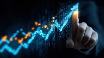 Ascending Growth Chart: An upward-pointing arrow illuminates, with a hand interacting to signify growth and progress.  represents an optimistic vision of progress and achievement. Generative Ai
