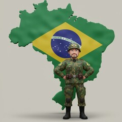 Brazilian Army Soldier Cartoon 3D Render: Patriotic Illustration of a Military Figure Against the Brazilian Flag Map