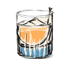 Hand-drawn sketch illustration of a colorful layered cocktail in a rocks glass with ice. Artistic vector drawing of an alcoholic beverage on a transparent background.