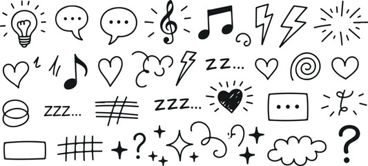 Manga Expression Icons  Hand-Drawn Comic Emotions with Speech Bubbles, Stars, Swirls, and Sound Symbols Vector Set
