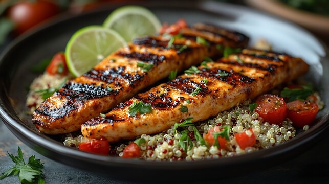 Healthy dish of grilled ladyfingers served with quinoa tomatoes and lime on a ceramic plate presented on an elegant dining table for a wholesome meal