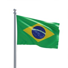 Brazilian Flag Waving on a Flagpole Against a White Background  A Vibrant Display of Brazilian National Pride