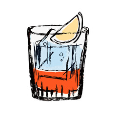 Hand-drawn sketch illustration of a negroni or aperol spritz cocktail in a rocks glass with a lemon wedge garnish. Vector art for bar menu.