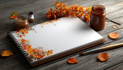 Autumnal art sketchpad on rustic wood
