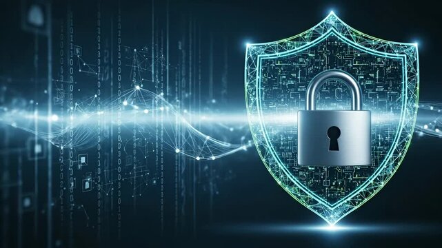 Digital Shield and Padlock: Cyber Security - A digital shield with a padlock in the center, representing data protection and internet security.