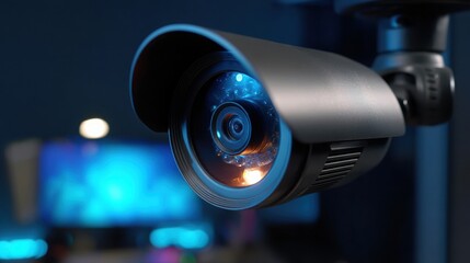 Security camera with a sharp lens, set against a blurred blue background.
