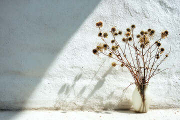 A vase with dried thistle flowers casting shadows on a textured wall.