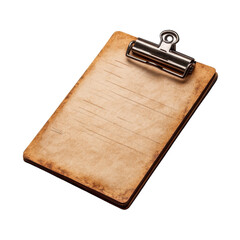 Fototapeta premium Vintage clipboard with aged paper and metal clip perfect for rustic notes reminders or historical documents against a on transparent background