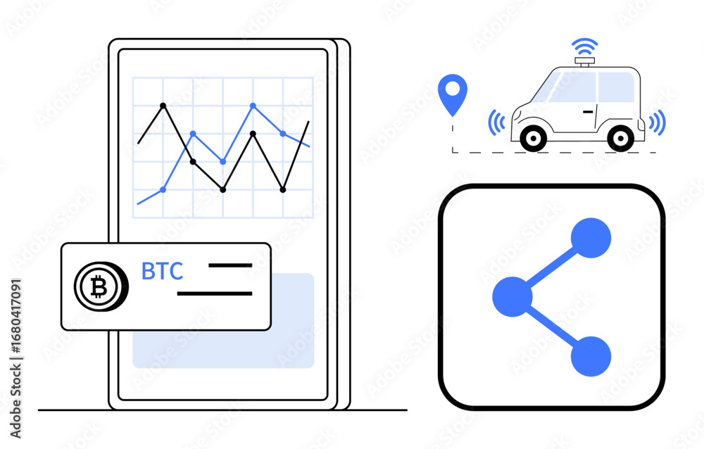Poster cryptocurrency data on mobile, self-driving car with navigator pin, and connection sharing element. 