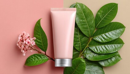 Pink tube cream, natural leaves, flower