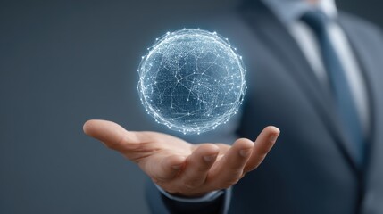 Business Professional Displaying Holographic Globe with Digital Connections Over Dark Background, Representing Global Technology and Innovation Concepts