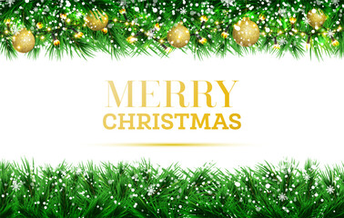 Fir branches with golden christmas balls and neon lights on garlands on white background. White falling snowflakes. Merry Christmas. Happy New Year. Green pine spruce twigs.