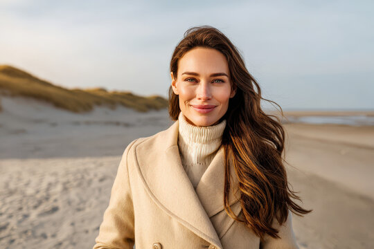 confident woman in stylish coat stands on sandy beach looking directly at camera