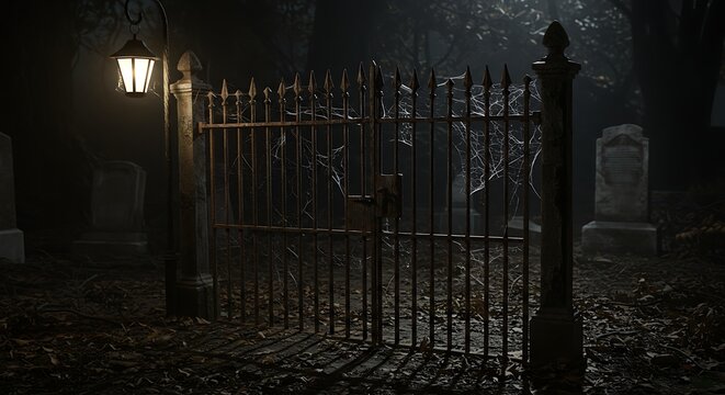 Creepy old cemetery gate illuminated by a single lantern on a foggy and dark night, a perfect scene for Halloween horror