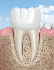 Detailed cross-section illustration of a tooth embedded within jawbone, showcasing the tooth's structure and surrounding tissues.