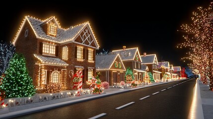 Candy Cane Lane 3D Extravaganza — giant red-and-white peppermint canes lining a snowy holiday street with glowing fairy lights, festive storefronts, and soft snowfall; whimsical Christmas winter