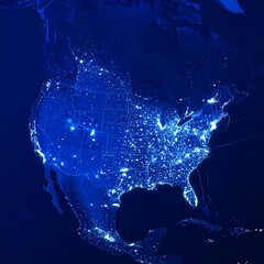 A detailed nighttime view of the United States, showcasing the illuminated urban areas.