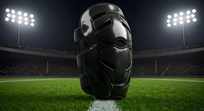 Black protective shin guard on a grassy field in a stadium at night. Athlete's protective gear for competitive sport on a professional level, with stadium setting. - Powered by Adobe