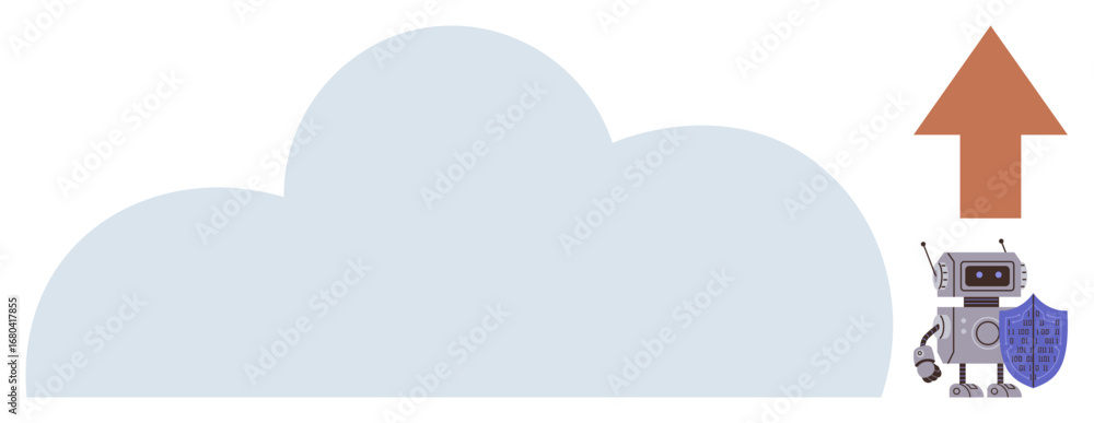Poster cloud with robot holding shield and upward arrow representing secure data transfer. ideal for techno
