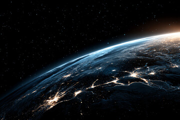 Obraz premium View of Earth from space showing illuminated city lights and a sunrise on the horizon.