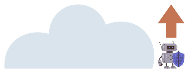 Cloud with robot holding shield and upward arrow representing secure data transfer. Ideal for technology, cloud computing, data protection, cybersecurity, AI innovation, network, simple flat metaphor
