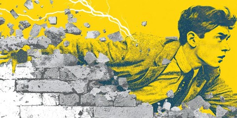 Fototapeta premium Abstract Illustration: Young Man Breaking Wall, Yellow Tone Gray Background, Close-Up with Lightning on White, Black Leather Jacket & Jeans, Comic Book Panel Graphic Design, High-Res Full-Body Portrai