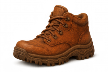 3d rendering of a brown leather hiking boot with thick outsole, isolated on a transparent background