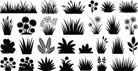 Collection of Grass and Plant Silhouettes, Decorative Bushes, Leaves, and Foliage Elements for Landscaping and Nature Design Projects