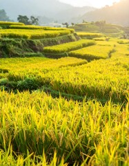 Golden rice paddies stretch across terraced hillsides, bathed in the soft light of dawn.