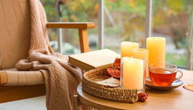 Cozy autumnal scene with candles and tea