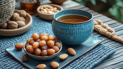 Health and fitness card featuring Middle Eastern dates as a nutritious snack paired with nuts herbal teas and yoga accessories promoting wellness and mindful living
