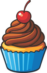 Cupcake with Chocolate Frosting and Cherry – Colorful Vector Illustration