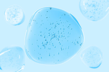 Blue transparent gel drop with air bubbles on aqua background. Abstract cosmetic texture, skincare serum or hyaluronic acid concept. Clean, minimal design for beauty and wellness themes.
