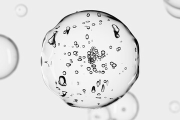 Transparent gel drop with air bubbles on white background. Abstract cosmetic texture, skincare serum or hyaluronic acid concept. Clean, minimal design for beauty and hydratation. Close-up.
