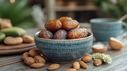 Health and fitness card featuring Middle Eastern dates as a nutritious snack paired with nuts herbal teas and yoga accessories promoting wellness and mindful living