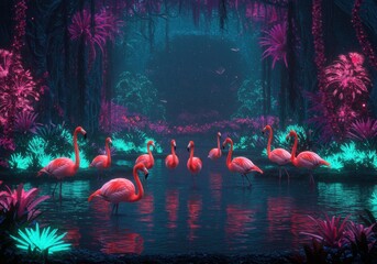 Enchanting Neon Flamingo Lagoon Surreal Tropical Night Scene