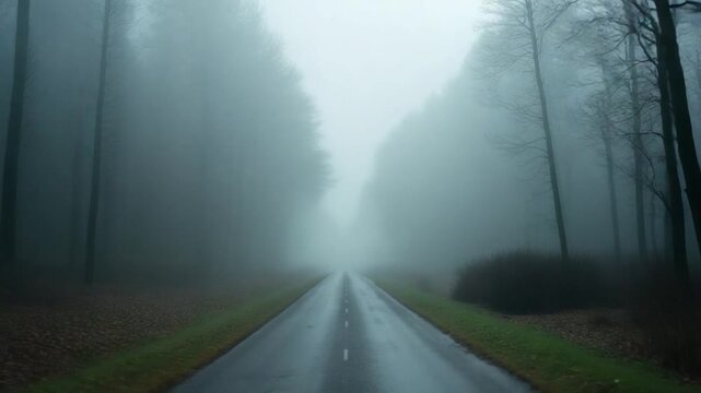 Country road in a deciduous forest on a foggy morning