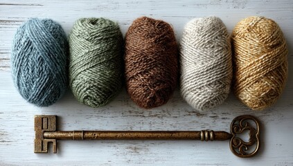 Four balls of yarn in muted colors?gray-blue, sage green, brown, and beige?sit side-by-side on a white wooden surface with an antique key