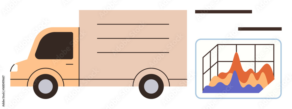 Poster delivery truck alongside colorful analytics chart displaying statistical data. ideal for logistics, 