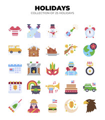 Holidays Collection. 25 Flat Icons of Festive Symbols