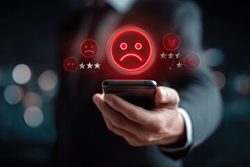 A person holds a phone, displaying a glowing red sad face emoticon, surrounded by negative feedback icons