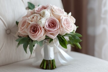Obraz premium Elegant pink and white rose bridal bouquet with satin ribbon