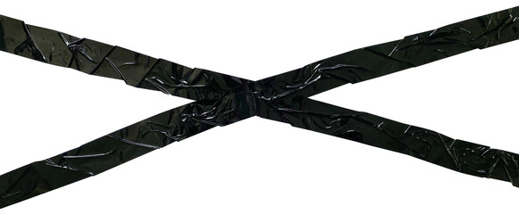Torn crumpled cross adhesive black tape on transparent background. x sign. 2 piece of cross plastic, glossy shine texture.