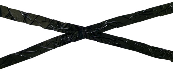 Torn crumpled cross adhesive black tape on transparent background. x sign. 2 piece of cross plastic, glossy shine texture.