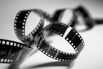 A black and white photo of curled photographic film strips with visible sprocket holes.