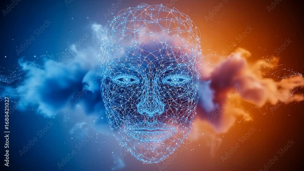 Poster abstract digital face in colorful clouds - a wireframe face is depicted against a backdrop of vibran